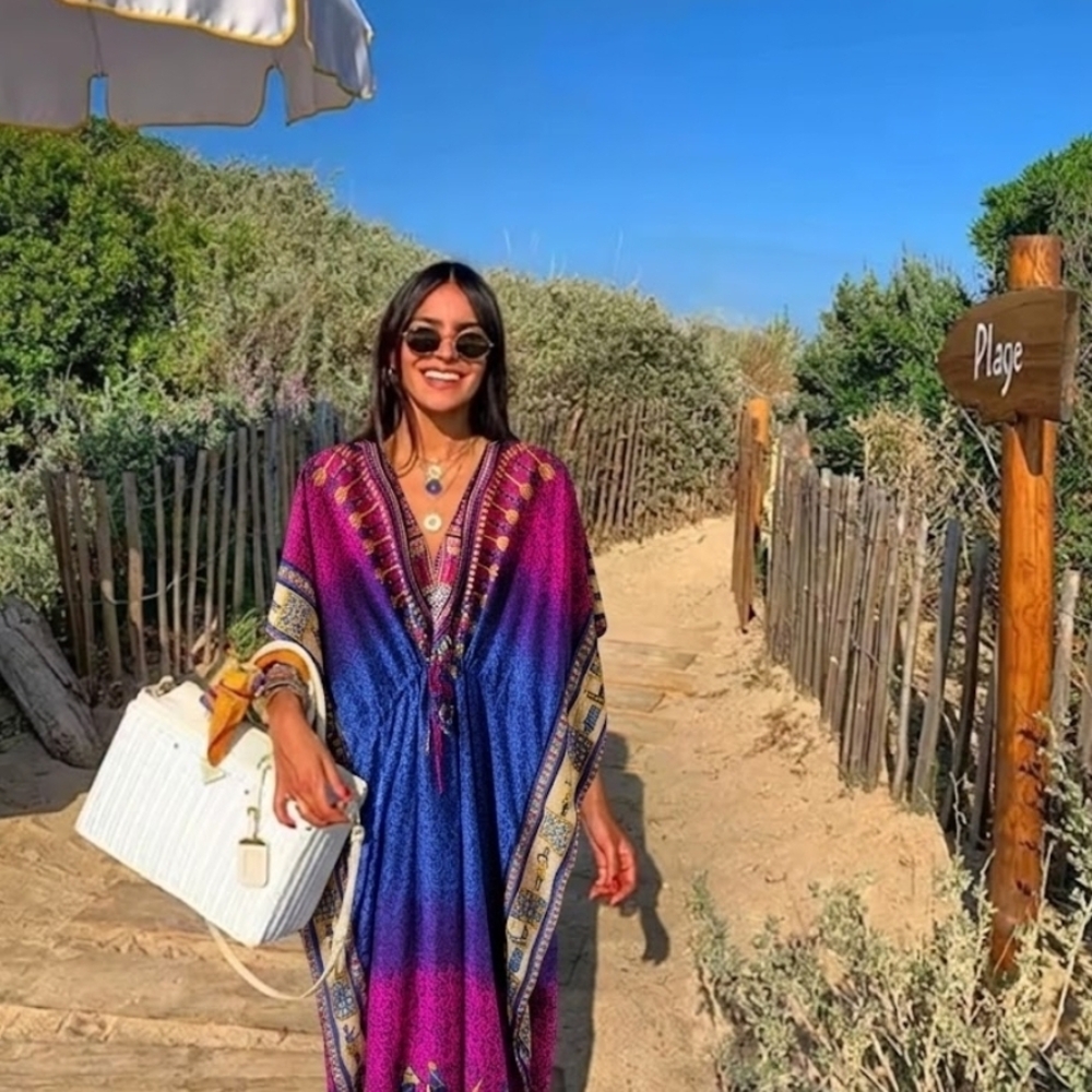 Vibrant Pink & Blue Gradient Dashiki Kaftan Maxi Dress Swim Cover-Up – OS